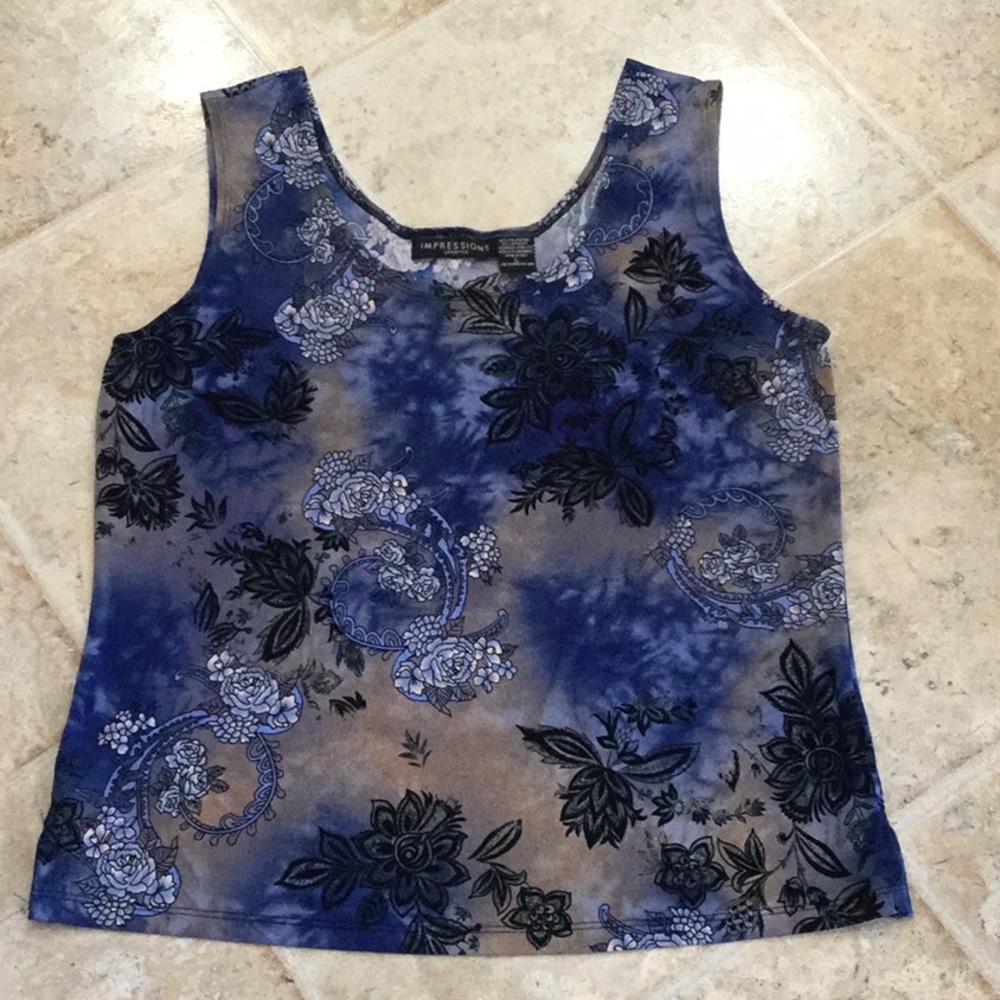 Impressions Blue and Tan Floral Tank Top